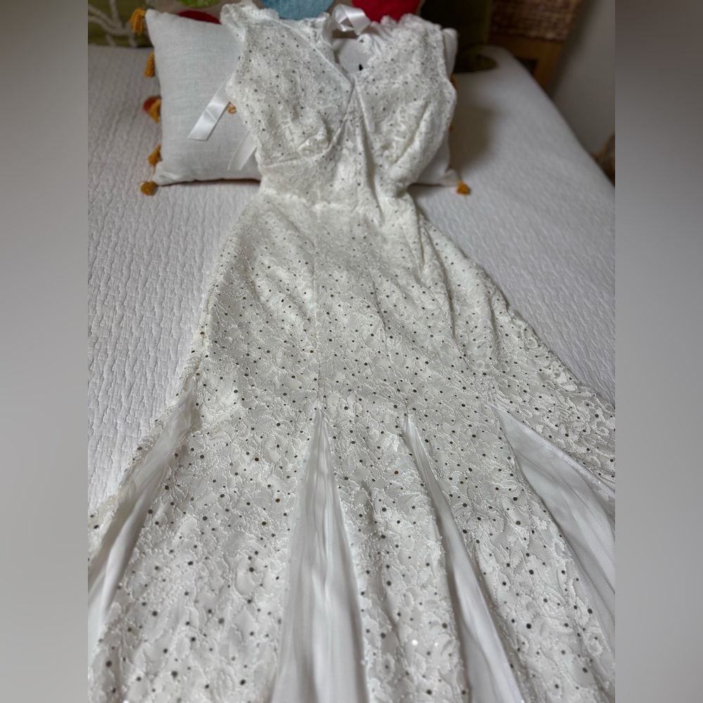 Elegant White Lace and silver sequined Gown. Wedding gown. Party dress
